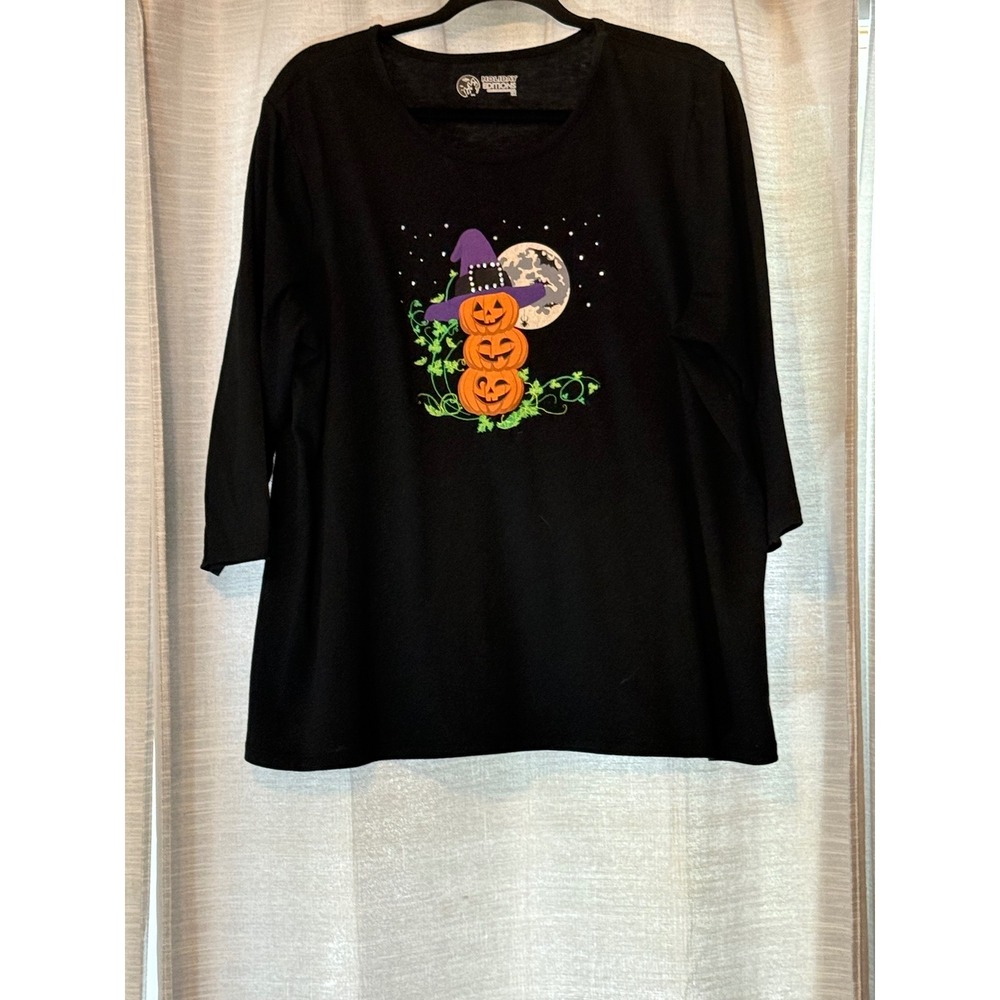 Holiday Editions Halloween Pumpkin Witch Hat Rhinestone Top Black 1X 3/4 Sleeve